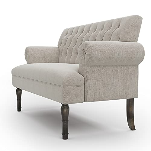 Merax 58” Light Beige Linen Button Tufted Scrolled Arm Loveseat Sofa Couches, Chesterfield Settee Bench with High Wooden Legs (Pillows not Included)