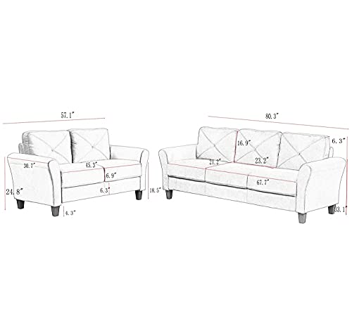 2-Piece Upholstered Sofa Couch, Modern Couch Set with 3 Seat Sofa and Loveseat Sofa, Home Furniture Set for Living Room and Bedroom, 2 Pieces (Gray)