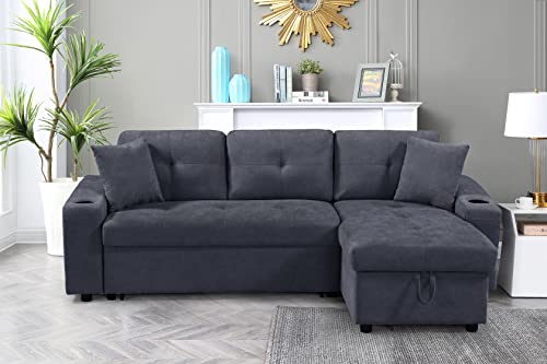 Etstod Reversible Sectional Sofa with Pull-Out Bed and Storage Chaise, Convertible Velvet L Shaped Couches w/2 Cup-Holders and Two Side Pockets, for Living Room Apartment, Dark Gray