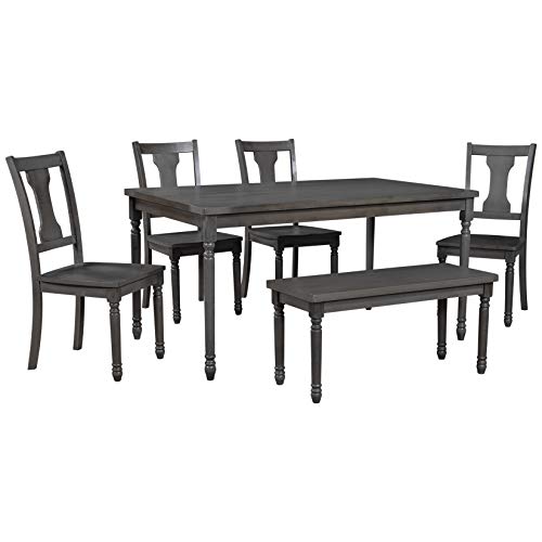 Harper & Bright Designs 6 Piece Dining Table Set, Wood Dining Dinette Table and 4 Chairs with 1 Bench, Rustic Style Kitchen Table Set for 6 Persons, Gray