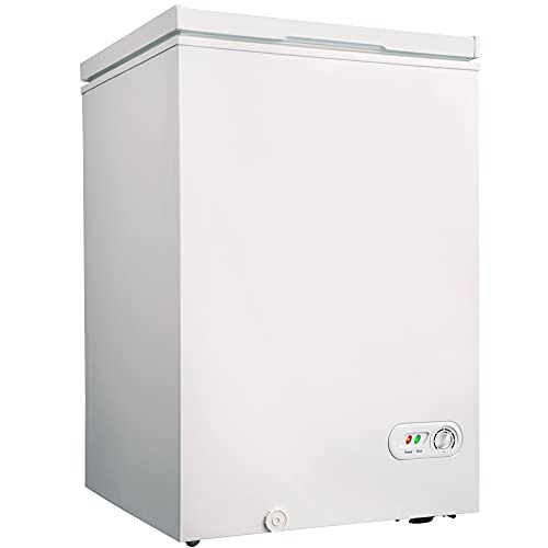 Unovivy 3.5 Cubic Feet Chest Freezer, Compact Freezer with Removable Storage Basket, 7 Temperature Settings, Top Open Door Freezing Machine for Home and Kitchen/Dorm/Bar/Office