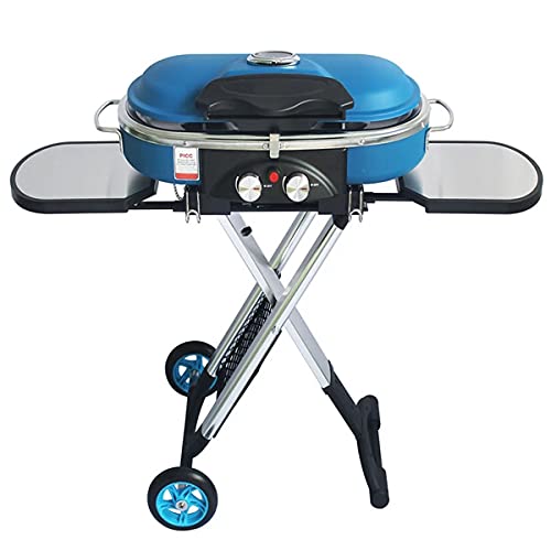 RSTJ-Sjef Portable BBQ Grill for Camping Outdoor, Double Burner Foldable Gas Oven with Thermometer, 2×4400 BTU,Blue