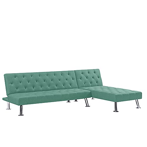 L Shaped Couch, Sectional Sleeper Sofa with Chaise, Comfy Green Couch with Tufed Back and Seat, Mid-Century Futon Sofa Bed with Sturdy Metal Legs, Linen Fabric Reclining Sofa for Living Room (Green)