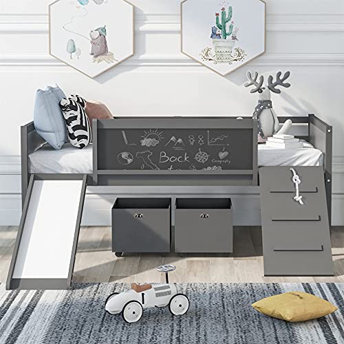 Kids Loft Bed with Slide, Twin Size Wooden Low Loft Bed Frame with Two Storage Boxes for Boys & Girls, Gray