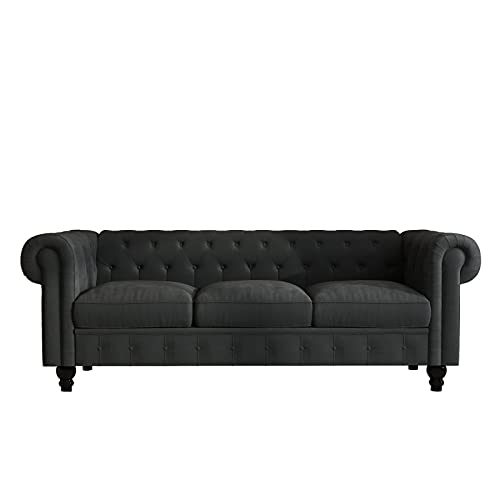 Modern Velvet Chesterfield Sofa, 3 Seater Upholstered Tufted Back Rolled Arm Sofa Couch with Removable Cushions for Living Room, Office, 88.2 x 30.7 x 30.5 Inch (Dark Grey)