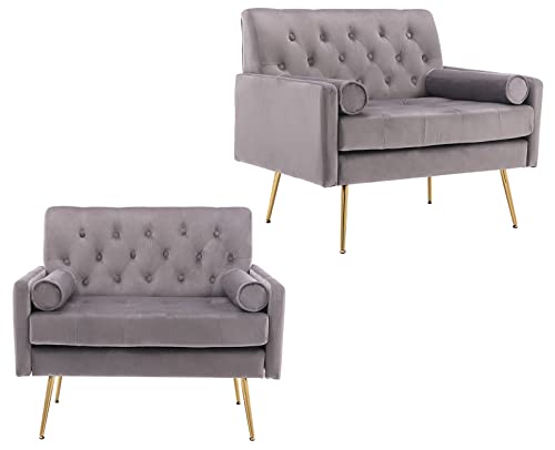 Velvet Accent Chairs Set of 2 Comfy Living Room Chairs Upholstered Armchair with Gold Legs, Mid Century Tufted Club Chairs for Bedroom Apartment Office, Grey, Gray 1.5 Sofa