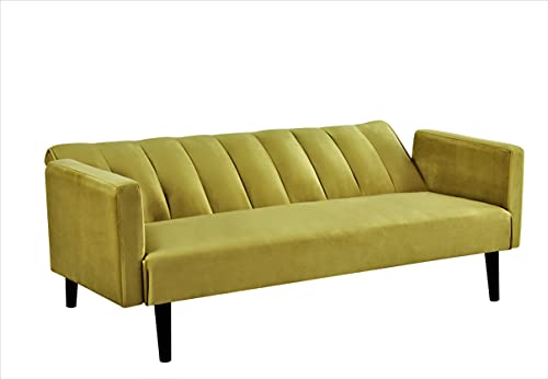 US Pride Furniture Classical Style Soft Square Arm 72’’ Wide Golden Yellow Velvet Tufted Twin Size Convertible Sofa Bed with Solid Wooden Legs & High Density Foam (SB9105-9111) Sofabed