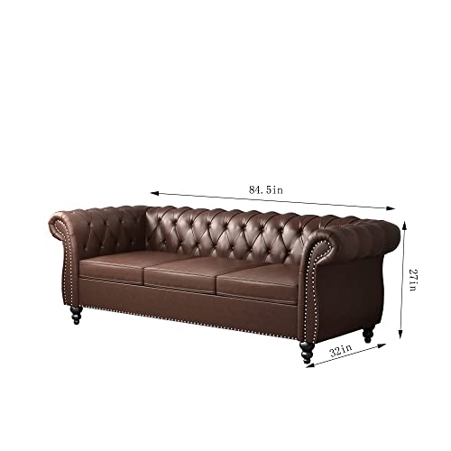 PHOYAL Modern 3 Seater Couch, Large Sofa Furniture, Roll Arm Classic Tufted Chesterfield Settee Leather Sofa with Channel Tufted Seat Back for Living Room, Dark Brown PU