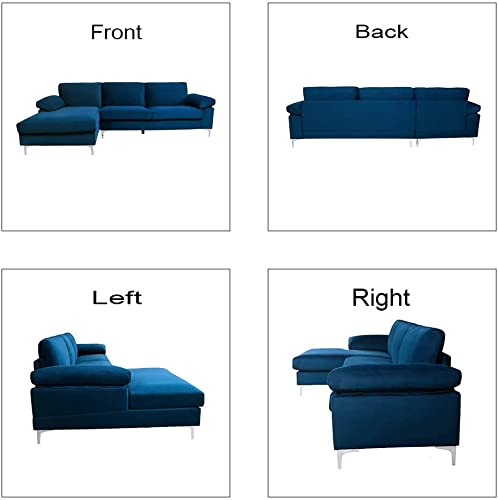 GAOPAN L-Shaped Corner Couch Velvet Sectional Sofa with Left Chaise Lounge and Metal Leg Support for Living Room Furniture Set, Blue