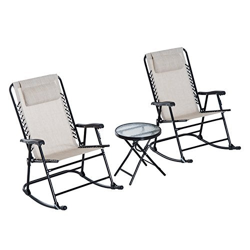 Outsunny 3 Piece Outdoor Rocking Bistro Set, Patio Folding Chair Table Set, Cream White