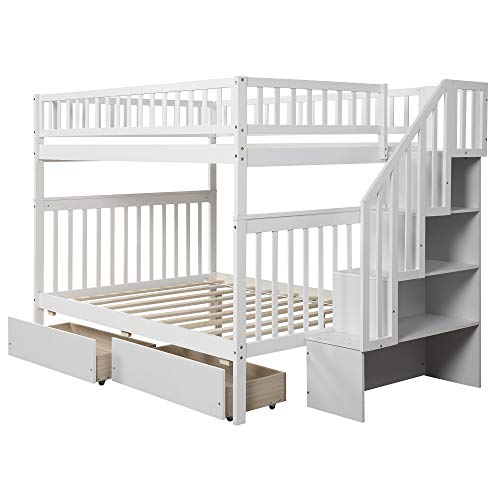 Full Over Full Bunk Bed with Two Drawers and Storage, Wood Bunk Bed with Stairs, White
