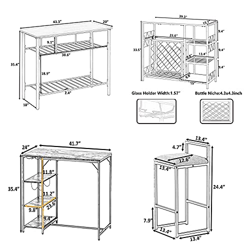 Modern 5-Piece Metal Dining Room Furniture Set with Faux Marble Dining Table Set, Kitchen Island and Wine Rack Table for Small Place, White+ Black
