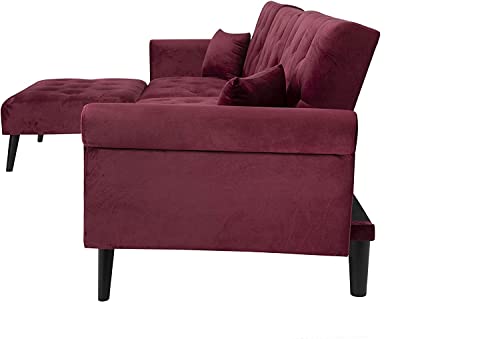 GAOPAN Elegant Velvet Upholstered Sectional Sofa L-Shaped Button Tufted Nails Decor Sofá with 2 Pillows Convertible Sleeper Couch Bed W/Reversible Chaise Longue for Living Room Furniture Sets, Red