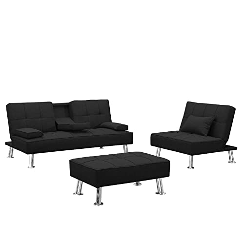 3 Pieces Convertible Sectional Sofa Couch, L-Shaped Sectional Sofa Bed with Two Cup Holders and Ottoman, Tufted Fabric Sofa with Removable Armrest, Modern Living Room Sofa Furniture Set (Black)