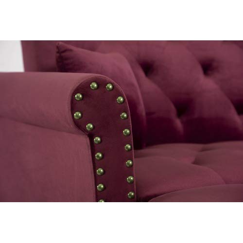 L-Shaped Velvet Sectional Sofa Bed, 4-Seating Living Room Convertible Sleeper Futon Couch Chaise with Solid Wood Legs (Red)