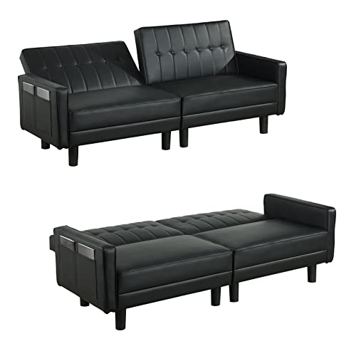 BINGTOO Futon Sofa Bed- Loveseat Sofa Sleeper with Adjustable Backrest- Convertible Chair Sleeper Bed for Compact Living Space, Apartment, Dorm- Leather Sleeper Sofa Bed Couch (Black)