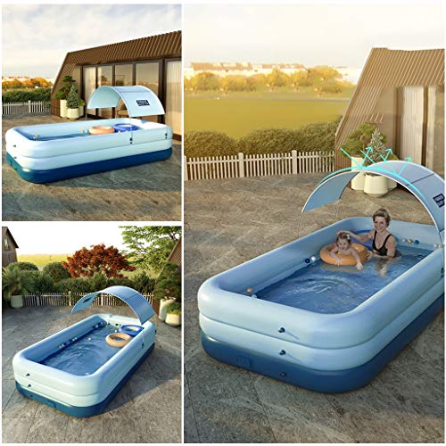 Inflatable Swimming Pool for Kids and Adults with Canopy Sunshade, Above Ground Pool with Built-in Battery Powered Pump Wireless, Portable Kiddie Lounge Blow Up Pool for Summer Outdoor