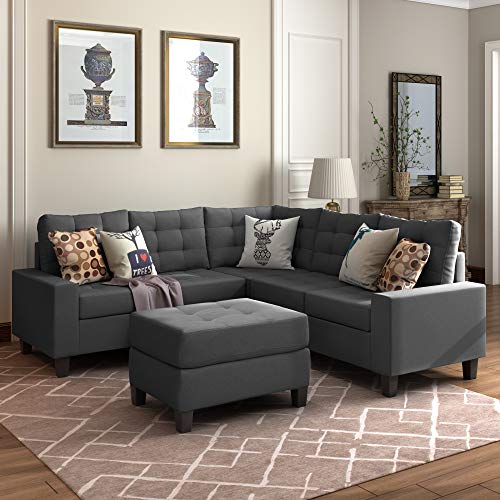 Sectional Sofa with Ottoman, Modern Soft Convertible Sofa Couch, Living Room Furniture Sofa Sets (Grey)