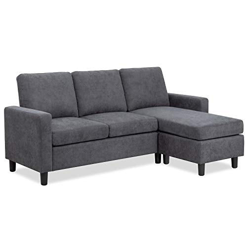 Shintenchi Convertible Sectional Sofa Couch, Modern Linen Fabric L-Shaped Couch 3-Seat Sofa Sectional with Reversible Chaise for Small Living Room, Apartment and Small Space, (Dark Grey)