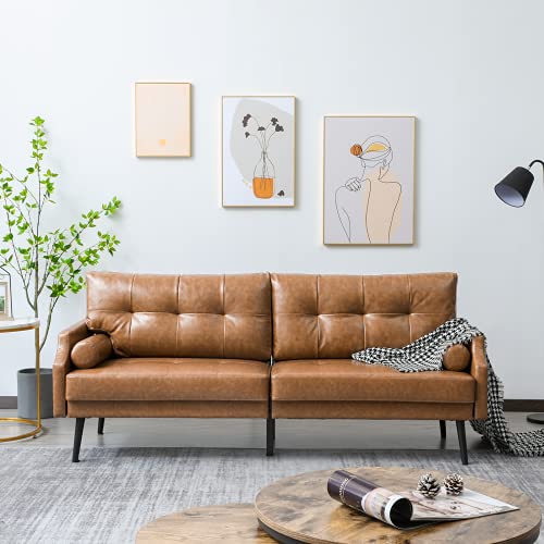 Vonanda Faux Leather 3 Seater Sofa, Mid-Century 73'' Couch with Rivet on Armrests and 2 Cylindrical Pillows, Upholstered Lounge Settee for Living Room Apartment Dorm Office, Caramel