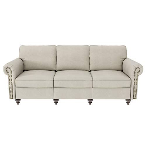 Nolany Classic 3 Seats Sofa Couch Linen Fabric Sofa with Tufted Upholstered Scrolled Arm Sofa for Living Room, Light Beige