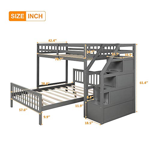 Twin Over Full Loft Beds, Bunk Beds Twin Over Full with Stairway and Storage, Full-Length Guardrail, No Box Spring Needed (Grey Twin Over Full Bun Beds)