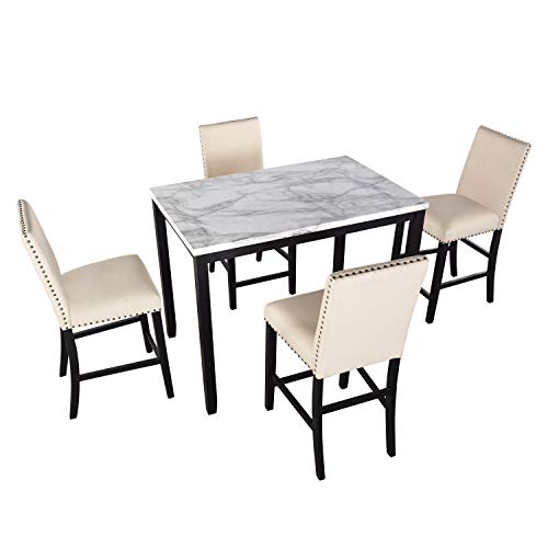Harper & Bright Designs 5-Piece Kitchen Table Set Faux Marble Top Counter Height Dining Table Set with 4 Beige Fabric Upholstered Chairs