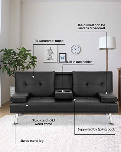 Suwikeke Faux Leather Convertible Futon Removable Armrests/Metal Legs, 2 Cupholders Sofa Bed, Black