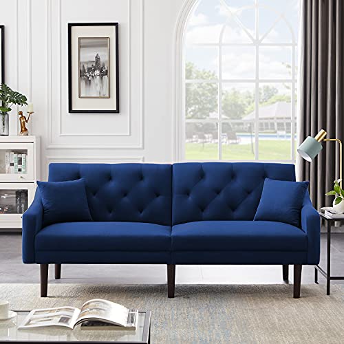 Velvet Futon Sofa Bed with 2 Pillows, Modern Sleeper Sofa with 3 Inclined Angles, Living Room Couch with 6 Solid Wood Legs, Convertible Loveseat for Small Space, Blue