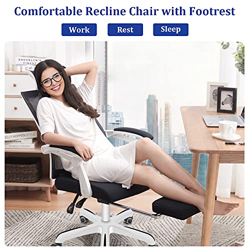 Ergonomic Office Chair, 155° Reclining High Back Mesh Office Chair with Footrest, Large Seat & Linkage Armrest, Adjustable Swivel Computer Desk Chair, White