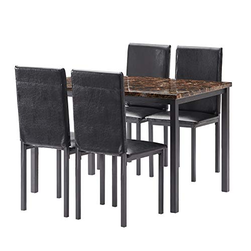 MOOSENG Dining Table Set, 5 Pieces Elegant Faux Marble Kitchen Table Set with 4 Upholstered PU Leather Chairs, Perfect for Bar Kitchen Breakfast Nook Living Room Black