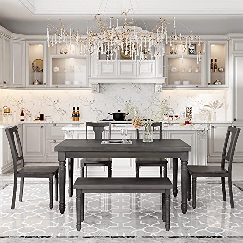 Harper & Bright Designs 6 Piece Dining Table Set, Wood Dining Dinette Table and 4 Chairs with 1 Bench, Rustic Style Kitchen Table Set for 6 Persons, Gray