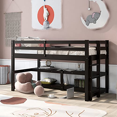 Low Loft Bed Twin Size Wooden Loft Bed Frame with Ladder for Kids, Espresso