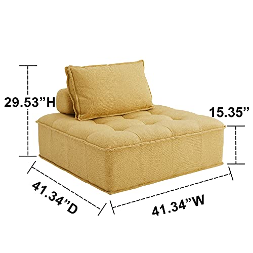 Volans Sectional Sofa, Mid Century Modern Fabric Upholstered Square Modular Sectional Sofa Couch with Two Removable Non-Slip Pillows, Living Room Sofa Set, Yellow（1 PCS）