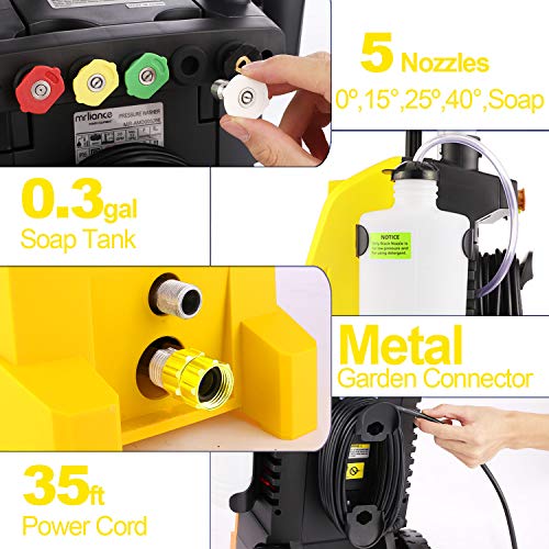 mrliance 3800PSI Electric Pressure Washer 2000W 3GPM High Pressure Power Washer Car Washer with Hose Reel, 5 Adjustable Nozzles, Soap Bottle