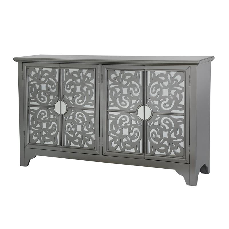 Mirrored Four Door Credenza in Hematite Grey / Fuchsia Pink