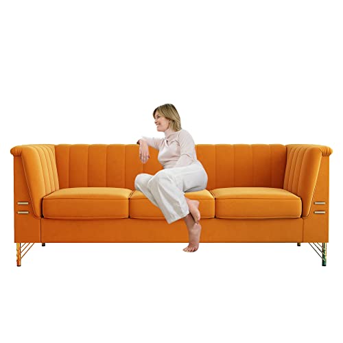 Chesterfield Sofa, Velvet Upholstered Futon Sofa with High Arms and Removable Cushions, Sofa Couch with Wood Frame and Gold Legs, Mid Century Tufted Sofa for Living Room, Apartment (Orange)
