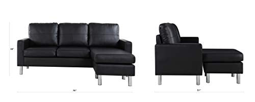 Modern Bonded Leather Sectional Sofa - Small Space Configurable Couch - Black