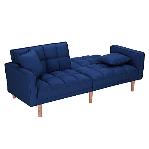 Futon Sofa Bed Sleeper Loveseat,JULYFOX 2 Position Recliner Couch Tufted Upholstered Fabric Sofa with Armrest 2 Throw Pillows Heavy Duty Design-Blue