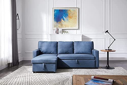 GAOPAN PU Leather Sectional Sofa L-Shaped 3 Seater Corner Sofá with Storage Lounge Chaise Convertible Pull-Out Sleeper Couch Bed for Living Room Furniture Sets & Apartment, Blue