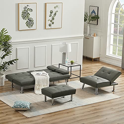 MAFOROB Futon Sofa Bed,3 Piece Modern Faux Leather Couch, Convertible Folding Recliner for Living Room with 2 Cup Holders and Removable Armrest,Include Loveseat,Single Sofabed and Ottoman, Grey
