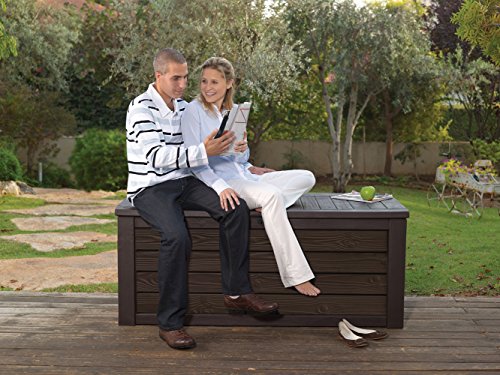 Keter Eden 70 Gallon Storage Bench Deck Box for Patio Furniture, Front Porch Decor and Outdoor Seating,Brown/Brown & Westwood 150 Gallon Resin Large Deck Box-Organization and Storage, Brown