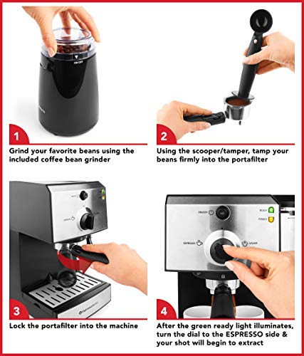 Espresso Machine & Cappuccino Maker with Milk Steamer- 15 Bar Pump, 7 Pc All-In-One Barista Bundle Set w/ Built-in Frother (Inc: Coffee Bean Grinder, Milk Frothing Cup, Tamper & 2 Cups), 1350W (Silver)