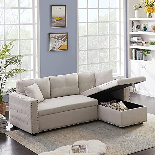 GAOPAN 87.7 inch Fabric Sectional Sofa Bed, with Reversible Storage Chaise Lounge, L-Shaped Pull-Out Sleeper Couch Rivet Decor for Home Living Room Apartment Furniture Set, Modern Beige