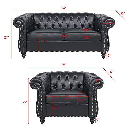 RARZOE 2 Pieces of Living Room Furniture Sofa Sets,Modern Contemporary Tufted Button Faux Leather Accent Club Chair&Chesterfield Loveseat Sofas Set with Nailhead Trim Scroll Arms for Home,Black