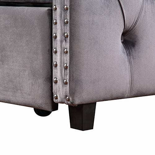 SOFTSEA Twin Daybed with Trundle, Tufted Sofa Bed with Nailhead Trim, Upholstered Daybed Frame, Grey