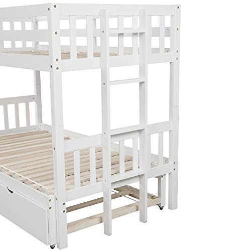 KLMM Twin Over Pull-Out Bunk Bed with Trundle, Wooden Twin Over Twin/Full/Queen/King Bunk Bed, Accommodate 4 People Extendable Bunk Beds with Ladder and Safety Rail (White)