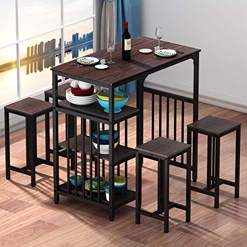5 Piece Dining Table Set with 3-Tier Storage Shelf, 5 Piece Counter Height Dining Set for Kitchen and Dining Room