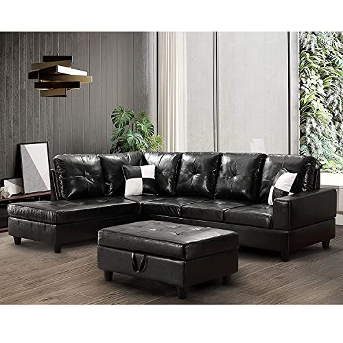 STARTO Modern PU Leather Sectional Sofa Set, Include Storage Ottoman, Fashion 5-Seat L-Shaped Couch for Living Room Apartment Office Furniture, Left Chaise Lounge, Black