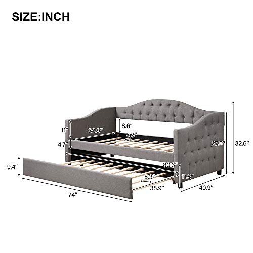 Twin Daybed with Trundle, Upholstered Twin Size Daybed Sofa Bed for Bedroom Living Room, Grey